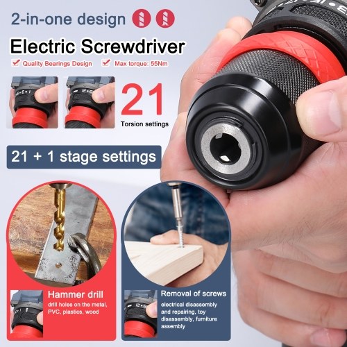 21V 2in1 Lithium Drill Electric Screwdriver 55Nm Torque Brushless Motor Practical Screw Driver for Home Appliances Furniture Installation Automotive Electronics Repairing (without Battery) 