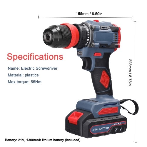 21V 2in1 Lithium Drill Electric Screwdriver 55Nm Torque Brushless Motor Practical Screw Driver for Home Appliances Furniture Installation Automotive Electronics Repairing (without Battery) 