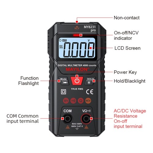 MAYILON Digital Multimeter Multi Tester with NCV Non-Contact Voltage Detection TRMS 4000 Counts Automatic/Manual Measurement Mode Backlit LCD Display Data Hold Function Measure AC DC Voltage Resistance On-off 