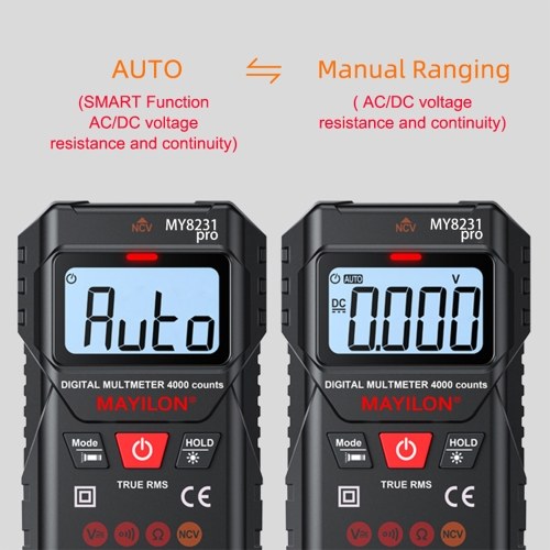 MAYILON Digital Multimeter Multi Tester with NCV Non-Contact Voltage Detection TRMS 4000 Counts Automatic/Manual Measurement Mode Backlit LCD Display Data Hold Function Measure AC DC Voltage Resistance On-off 