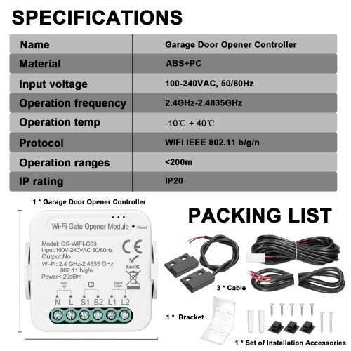 Tuya WiFi Gate Opener Intelligent Garage Door Opener Controller Mobilephone Remotely APP Control Compatible with Alexa Google Home for Voice Control 