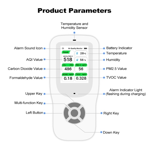 9-in-1 Air Quality Monitor Indoor Handheld AQI/CO₂/PM2.5/PM1.0/PM10/HCHO/TVOC/Temperature/Humidity Detector Real Time Monitoring Large Display with Intelligent Alert Home Air Test Kits 