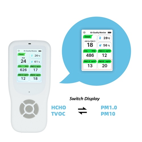 9-in-1 Air Quality Monitor Indoor Handheld AQI/CO₂/PM2.5/PM1.0/PM10/HCHO/TVOC/Temperature/Humidity Detector Real Time Monitoring Large Display with Intelligent Alert Home Air Test Kits 