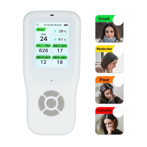 9-in-1 Air Quality Monitor Indoor Handheld AQI/CO₂/PM2.5/PM1.0/PM10/HCHO/TVOC/Temperature/Humidity Detector Real Time Monitoring Large Display with Intelligent Alert Home Air Test Kits 