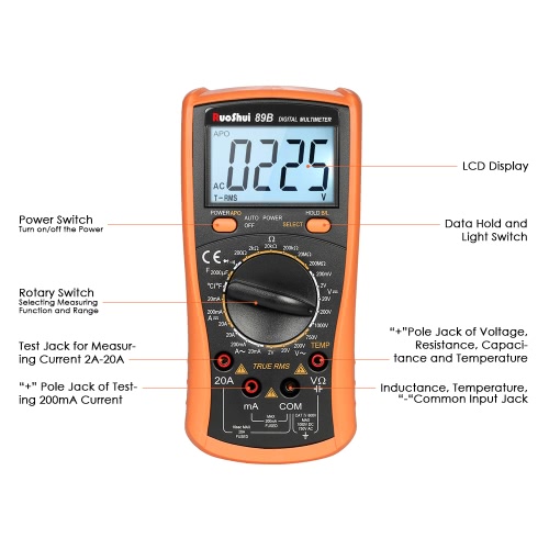 

RuoShui 1999 Counts True RMS Multi-functional Digital Multimeter DMM with DC AC Voltage Current Meter Resistance Diode Capacitance