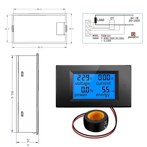 

100A AC 80V-260V 20A /100A 4 in 1 Digital LCD Panel Digital Power Watt Monitor Current Voltmeter Ammeter Voltage KWh Multimeter Tester Meter with Current Transformer CT