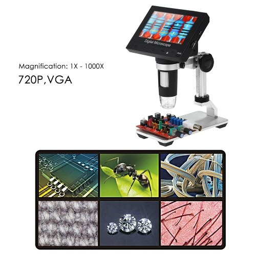 

1000X Portable Digital Microscope 4.3" LCD Display 720P LED Magnifier with Built-in Rechargeable Lithium Battery and Metal Stand for Circuit Board Repair Soldering Tool