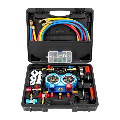 AC Gauge Set AC Manifold Gauge Set for R134a R12 R502 Refrigerant 3 Way Car with 5FT Hoses Couplers & Adapter Puncturing & Self Sealing Can Tap Freon Charge Kit