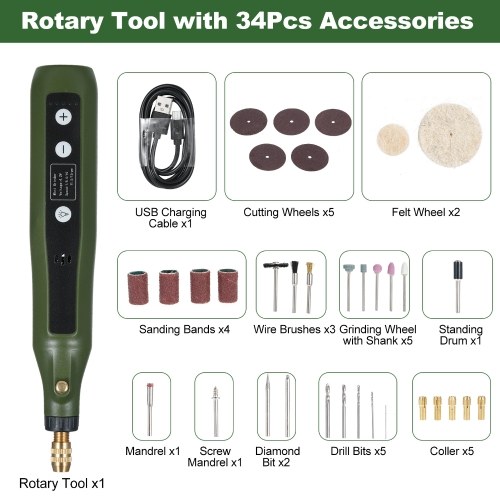Mini Rotary Tool Kit 5-Speed Grinder Set Multi-Purpose 4.2V Power Rotary Tools with 34Pcs Accessories For Engraving Sanding Grinding Polishing Carving Etching DIY Crafting 
