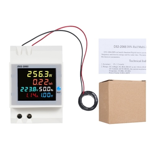 D52-2065 6-in-1 Digital Single Phase Energy Meter Tester Din Rail AC Monitor Voltage Current Power Factor Active KWH AC AC 250V~450V 100A Electricity Usage Monitor 