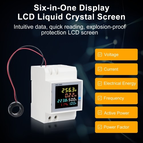 D52-2065 6-in-1 Digital Single Phase Energy Meter Tester Din Rail AC Monitor Voltage Current Power Factor Active KWH AC AC 250V~450V 100A Electricity Usage Monitor 