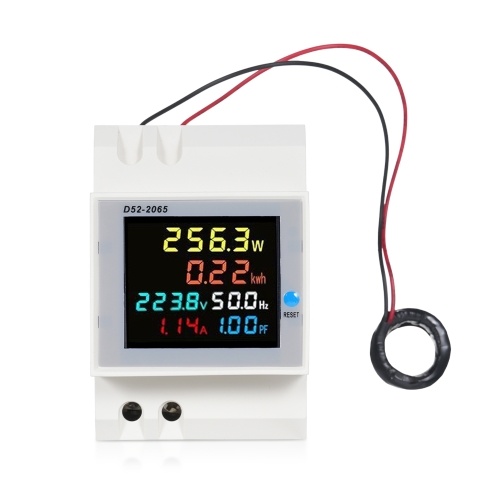 D52-2065 6-in-1 Digital Single Phase Energy Meter Tester Din Rail AC Monitor Voltage Current Power Factor Active KWH AC AC 250V~450V 100A Electricity Usage Monitor 
