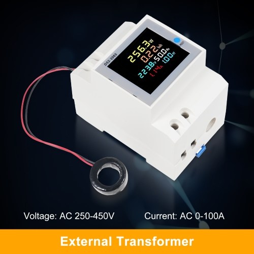 D52-2065 6-in-1 Digital Single Phase Energy Meter Tester Din Rail AC Monitor Voltage Current Power Factor Active KWH AC AC 250V~450V 100A Electricity Usage Monitor 