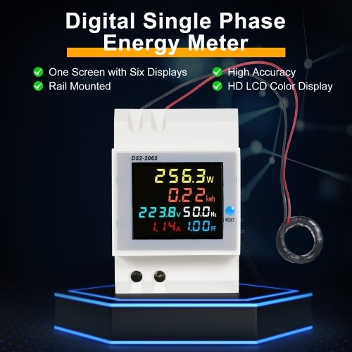 D52-2065 6-in-1 Digital Single Phase Energy Meter Tester Din Rail AC Monitor Voltage Current Power Factor Active KWH AC AC 250V~450V 100A Electricity Usage Monitor 