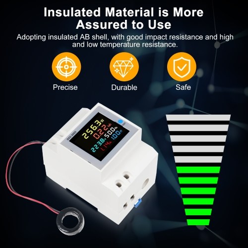 D52-2065 6-in-1 Digital Single Phase Energy Meter Tester Din Rail AC Monitor Voltage Current Power Factor Active KWH AC AC 250V~450V 100A Electricity Usage Monitor 
