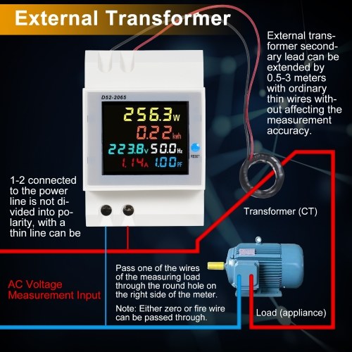 D52-2065 6-in-1 Digital Single Phase Energy Meter Tester Din Rail AC Monitor Voltage Current Power Factor Active KWH AC AC 250V~450V 100A Electricity Usage Monitor 