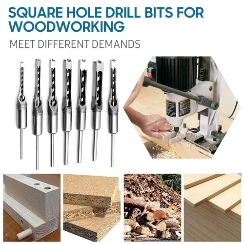 7pcs Square Hole Drill Bit Woodworking Hole Saw Mortising Chisel Steel Drill Bits Set 1/4 inch, 5/16 inch, 3/8 inch, 2/5 inch, 1/2 inch, 9/16 inch, 5/8 inch for Wood