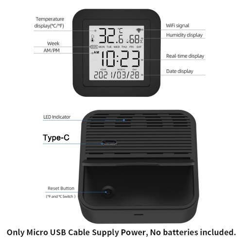S09 Tuya WiFi 3 In 1 Infrared Remotes Control Temperature Humidity Detection Intelligent Sensor with USB Type-C Interface Power Supplys LCD Display