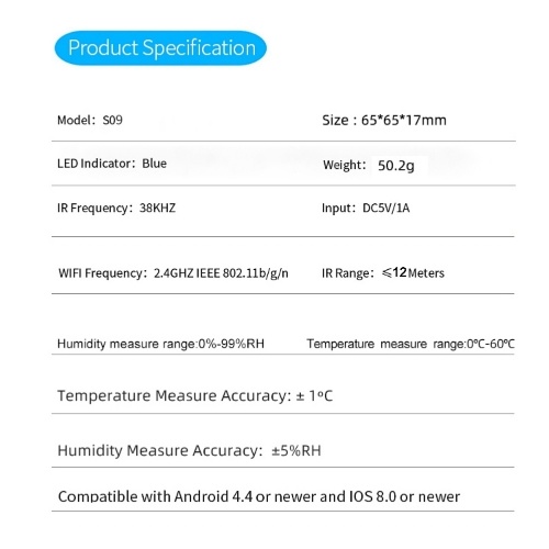 S09 Tuya WiFi 3 In 1 Infrared Remotes Control Temperature Humidity Detection Intelligent Sensor with USB Type-C Interface Power Supplys LCD Display 