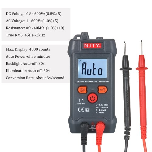 NJTY Palm-size LCD Digital Multimeter Auto Range NCV 4000 Counts True RMS Smart Universal Tester 600V Voltmeter Ohm and Voltage Tester Measuring AC/DC Voltage Resistance ON-OFF Buzzer 