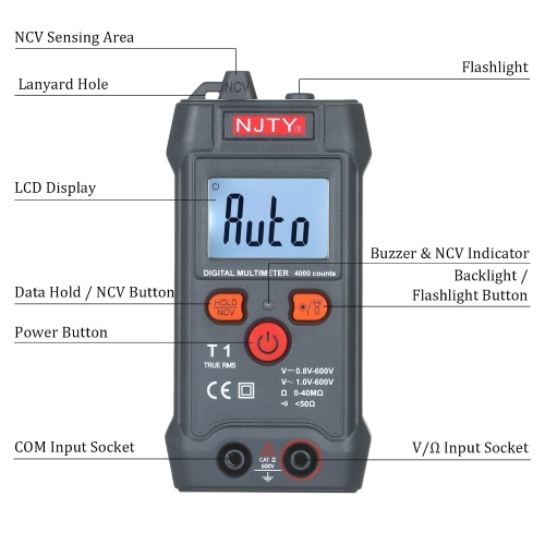 NJTY Palm-size LCD Digital Multimeter Auto Range NCV 4000 Counts True RMS Smart Universal Tester 600V Voltmeter Ohm and Voltage Tester Measuring AC/DC Voltage Resistance ON-OFF Buzzer 