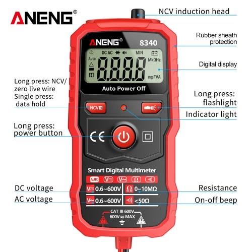 ANENG 8340 Smart Digital Multimeter Auto Recognition 1999 Counts Voltmeter Electric Test Pen with Backlight Screen Flashlight NCV Induction AC DC Voltage Resistance Breakpoint Live Wire Testing 