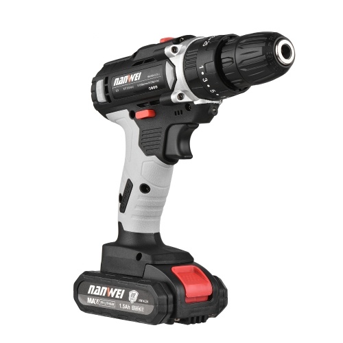 

NANWEI 21V Portable Cordless Drill 3/8 Inch Chuck 25+1 Gear Adjustment Multifunction Electric Screwdriver Power Drill Impact Drill with Battery Indicator LED Work Light 2-variable Speed 30N.m Max Torque Includes 1500mAh Battery & Fast Charger