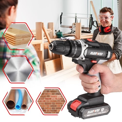 

NANWEI 21V Portable Cordless Drill 3/8 Inch Chuck 25+1 Gear Adjustment Multifunction Electric Screwdriver Power Drill Impact Drill with Battery Indicator LED Work Light 2-variable Speed 30N.m Max Torque Includes 1500mAh Battery & Fast Charger