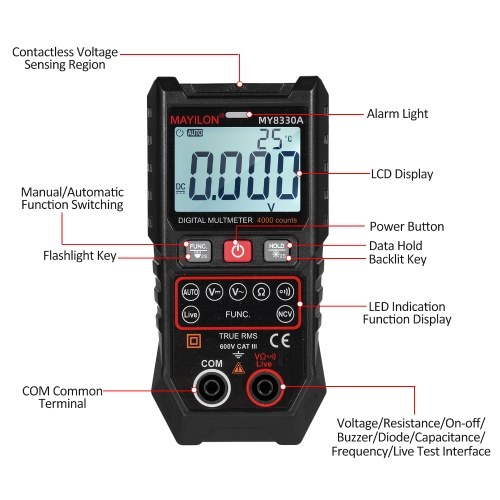 MAYILON Digital Multimeter Voltage Tester 4000 Counts TRMS Automatic/Manual Ranging Multi Tester Measure AC/DC Voltage Resistance On-off Test NCV Contactless Voltage Detection Backlit LCD Display Data Hold Function 
