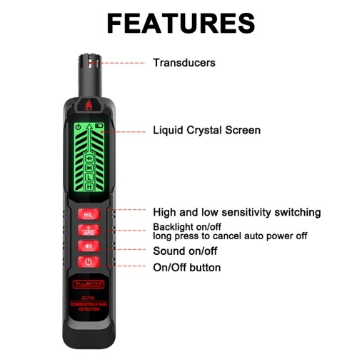 Handheld Combustible Gases Leak Detector Natural Gases Leakage Tester Portable Combustible Gases Concentration Test Meter Gases Sniffer Test with Sound Light Alarm Function 