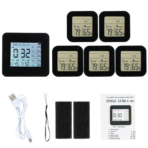 13-in-1 Digital Hygrometer Indoor Outdoor Thermometer with 5 Remote Sensors Multifunctional Weather Clock Wireless Temperature Humidity Monitor Gauge with 60M Range 