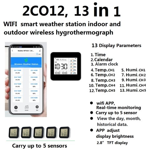 13-in-1 Digital Hygrometer Indoor Outdoor Thermometer with 5 Remote Sensors Multifunctional Weather Clock Wireless Temperature Humidity Monitor Gauge with 60M Range 