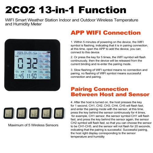 13-in-1 Digital Hygrometer Indoor Outdoor Thermometer with 5 Remote Sensors Multifunctional Weather Clock Wireless Temperature Humidity Monitor Gauge with 60M Range 