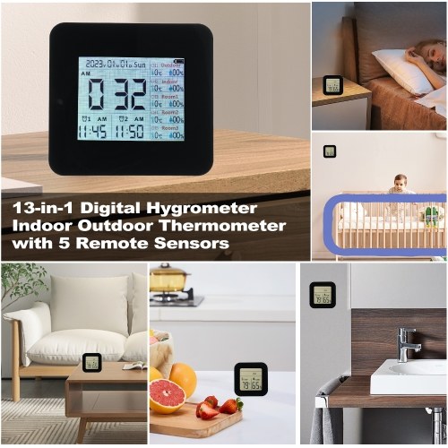 13-in-1 Digital Hygrometer Indoor Outdoor Thermometer with 5 Remote Sensors Multifunctional Weather Clock Wireless Temperature Humidity Monitor Gauge with 60M Range 
