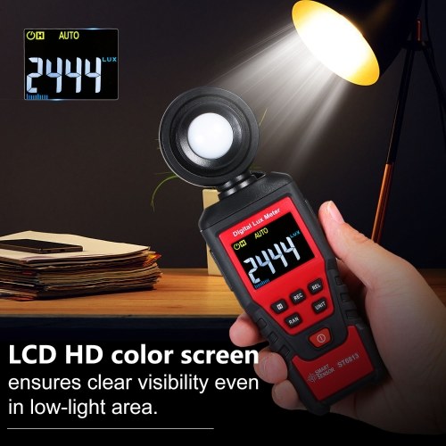 

SMART SENSOR ST6813 Handheld Illuminometer LCD Color Screen Digital Illuminance Light Lux Meter Measurement Tool Battery Operated Photometer Luxmeter with 180° Rotatable Probe Measuring Range Up to 100,000 Lux / 10,000 FC and 1pc Tool Bag for Indoor Plant