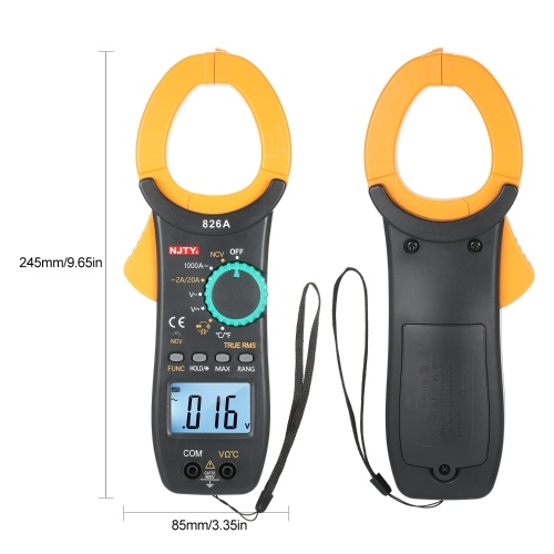 

NJTY 826A 1000A AC Clamp Meter Auto Range 2000 Counts 1.9-inch LCD Digital AC True RMS NCV Clamp Type Universal Meter Multipurpose for Measuring AC Current AC/DC Voltage Temperature Resistance Diodes and Continuity Max. Data Hold