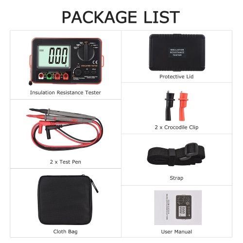 Digital Insulation Resistance Tester with LCD Backlight Display DC 250V/ 500V/ 1000V AC 750V Multifunction Insulation Resistance Meter Kit with Strap/ Protective Lid/ Cloth Bag 