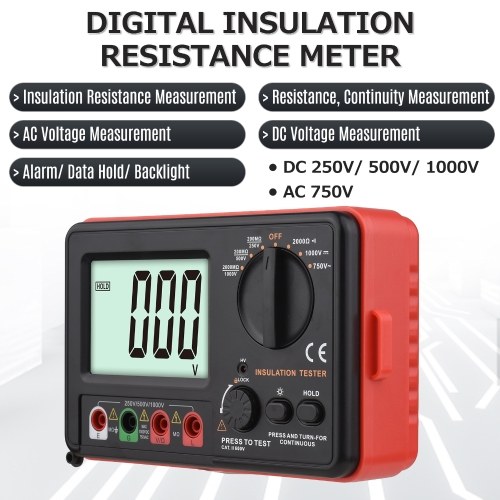 Digital Insulation Resistance Tester with LCD Backlight Display DC 250V/ 500V/ 1000V AC 750V Multifunction Insulation Resistance Meter Kit with Strap/ Protective Lid/ Cloth Bag 