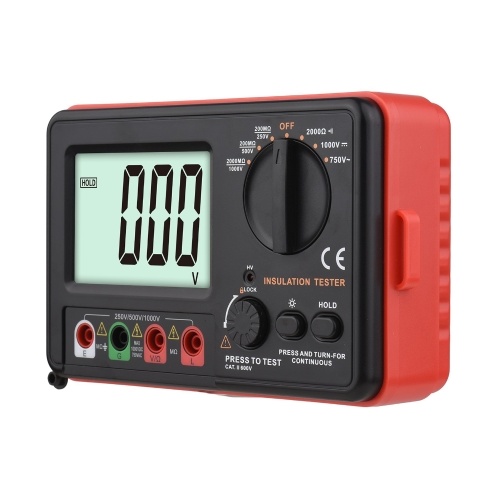 Digital Insulation Resistance Tester with LCD Backlight Display DC 250V/ 500V/ 1000V AC 750V Multifunction Insulation Resistance Meter Kit with Strap/ Protective Lid/ Cloth Bag 