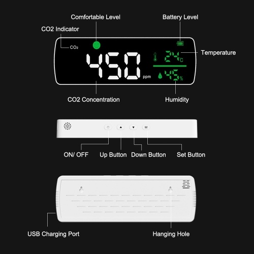 

Desktop Wall Mounted Air Quality Monitor 11.2-inch LED Digital 3 in 1 Indoor Outdoor Temperature Humidity CO2 Alarm Detector Rechargeable Carbon Dioxide Tester Mirror Surface for Room Office Greenhouse Warehouse