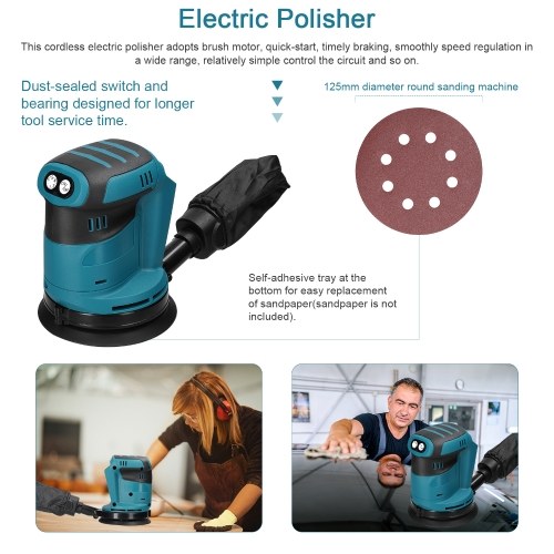 125mm Brushless Motor Cordless Orbital Sander Wood Grinder Electric Car Polisher Multifunctional Wood Metal Waxing Polishing Grinding Sanding Machine 6 Speed Adjustable Orbital Sander 