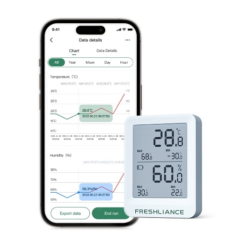 BT Temperature and Humidity Recorder Fruit Cold Storage Coldchain Transportation Temperature Logger Mobilephone APP Control Large Capacity Data Storage with Data Export PDF/CSV Reports Automatic Generating Function 