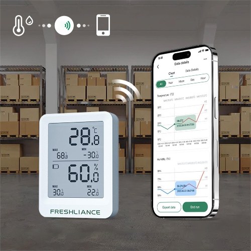 BT Temperature and Humidity Recorder Fruit Cold Storage Coldchain Transportation Temperature Logger Mobilephone APP Control Large Capacity Data Storage with Data Export PDF/CSV Reports Automatic Generating Function 