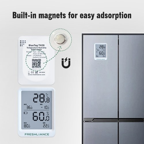 BT Temperature and Humidity Recorder Fruit Cold Storage Coldchain Transportation Temperature Logger Mobilephone APP Control Large Capacity Data Storage with Data Export PDF/CSV Reports Automatic Generating Function 