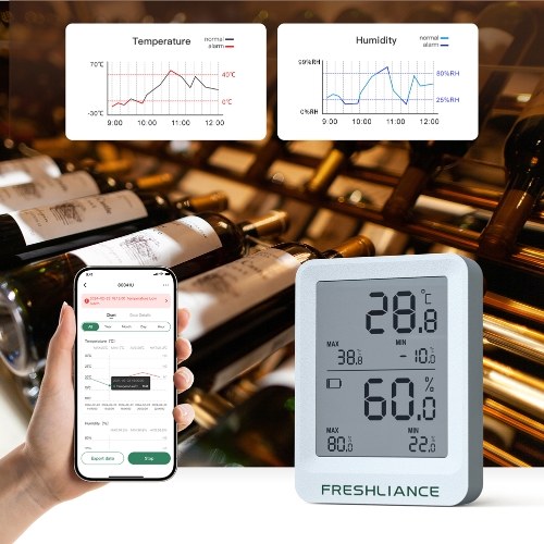 BT Temperature and Humidity Recorder Fruit Cold Storage Coldchain Transportation Temperature Logger Mobilephone APP Control Large Capacity Data Storage with Data Export PDF/CSV Reports Automatic Generating Function 