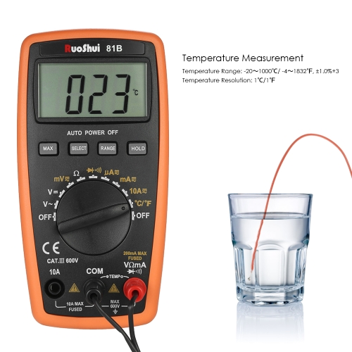 

RuoShui 1999 Counts Auto Range Digital Multimeter Multi-functional DMM with DC AC Voltage Current Meter Resistance Diode hFE Teste