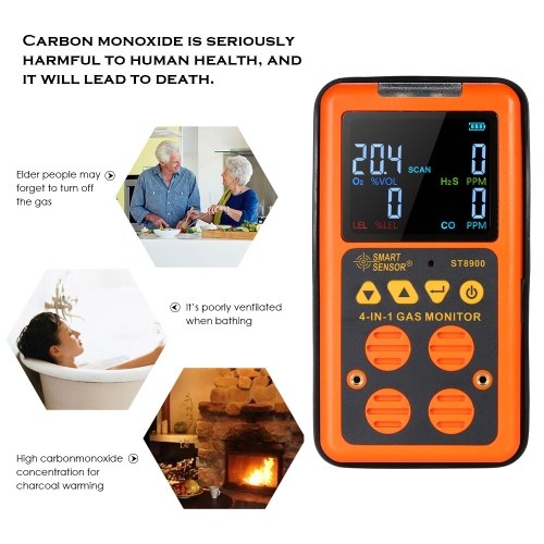 SMART SENSOR 4 in 1 Gas Detector H₂S and CO Monitor Industrial Digital Handheld Toxic Gas Carbon Monoxide Detector 