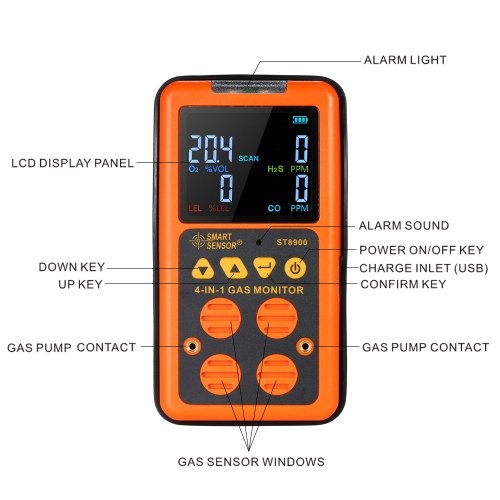 SMART SENSOR 4 in 1 Gas Detector H₂S and CO Monitor Industrial Digital Handheld Toxic Gas Carbon Monoxide Detector 