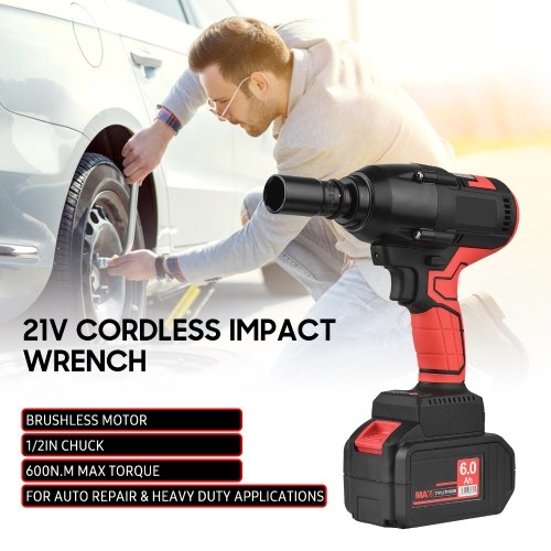 

21V Cordless Brushless Impact Wrench with 1/2in Chuck 600N.m Max Torque Handheld Power Wrench Kit with Multiple Accessories & 6.0Ah Lithium Battery & Fast Charger