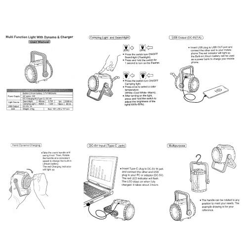 Portable Camping Lamp  3in1 Hand Crank Tent Lamp Searchlight SOS Flashlight Light Three Color Temperatures Adjustable 